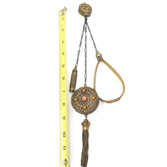 SOLD Antique Victorian Chatelaine Cosmetic Bag Frame Gold Tone Filigree - Picture 15 of 16